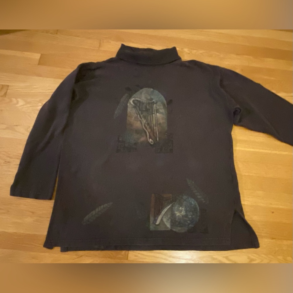 Blue Fish Boho Vintage Brown Turtleneck Top / Tunic w Gorgeous Original Art - Picture 2 of 12